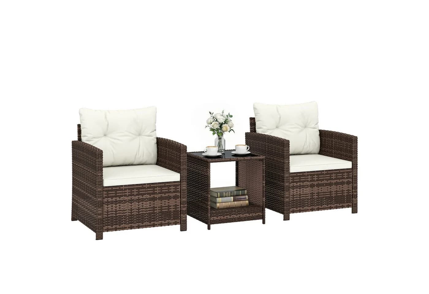 Outsunny Bistro-Set 3-tlg. mit Glastisch & Kissen Braun/Weiß