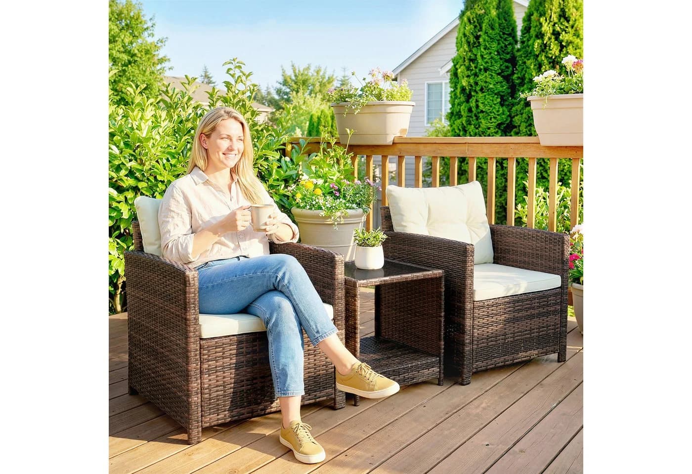 Outsunny Bistro-Set 3-tlg. mit Glastisch & Kissen Braun/Weiß - Bild 2