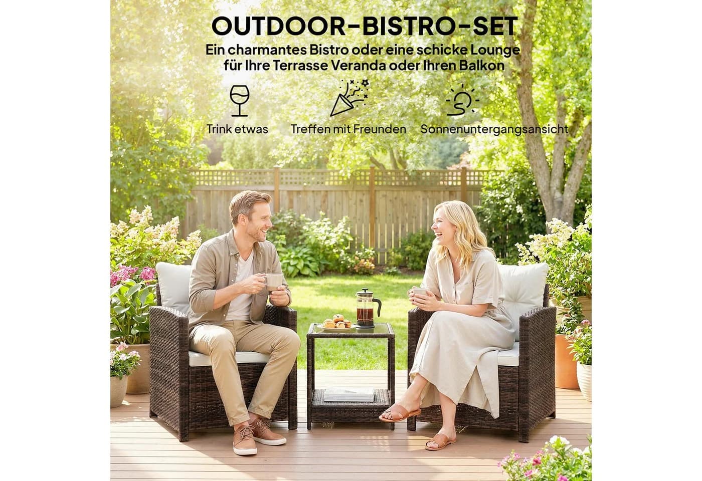 Outsunny Bistro-Set 3-tlg. mit Glastisch & Kissen Braun/Weiß - Bild 4
