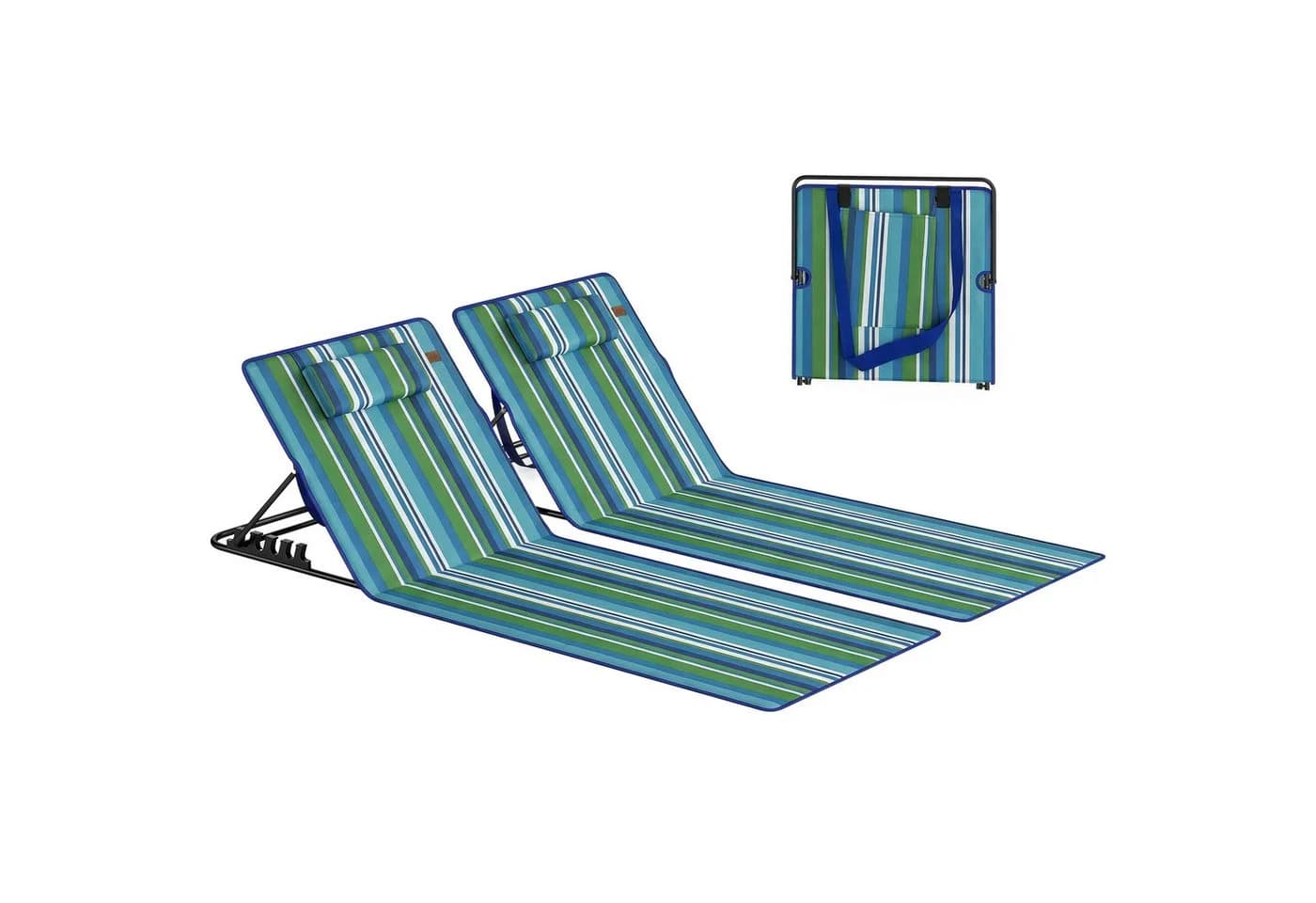 Outsunny 2er Strandliegen Set mit Verstellbarer Rückenlehne Blau/Grün/Weiß