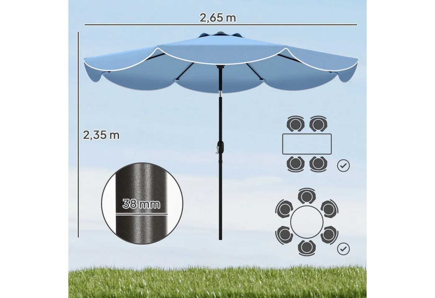 Outsunny Sonnenschirm rund Balkonschirm mit Kurbel 8 Streben, Himmelblau - Bild 3