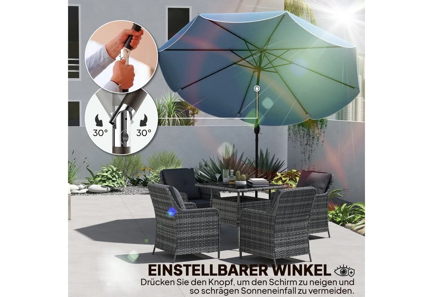 Outsunny Sonnenschirm rund Balkonschirm mit Kurbel 8 Streben, Himmelblau - Bild 5