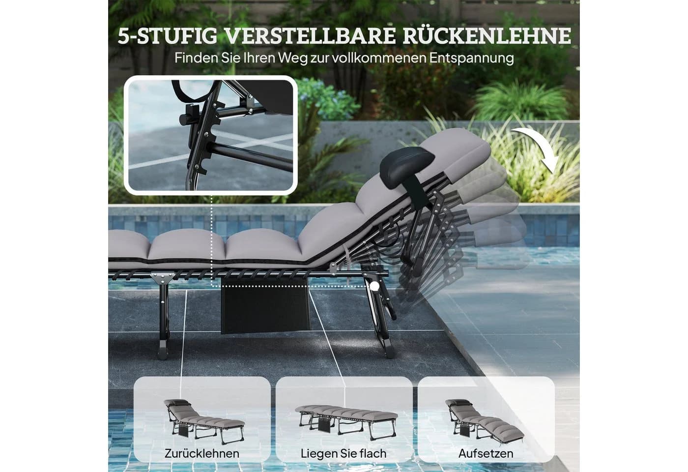 Outsunny Gartenliege 5-fach verstellbar gepolsterte Matratze Kopfstütze - Bild 4
