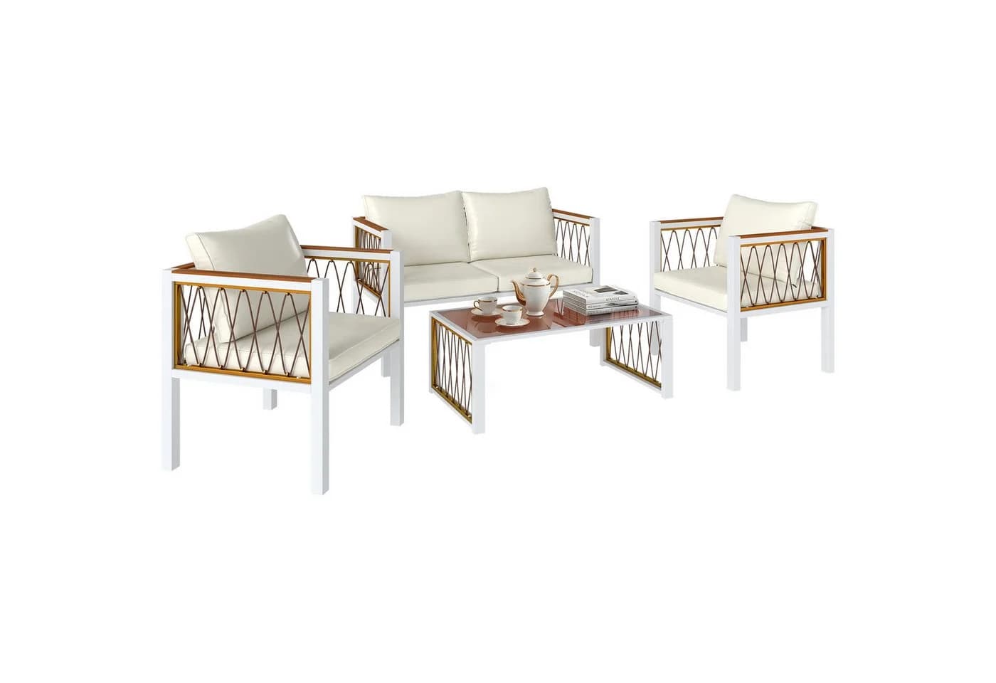 Outsunny Rattan Lounge Set 4-tlg. Cremeweiß mit Kissen