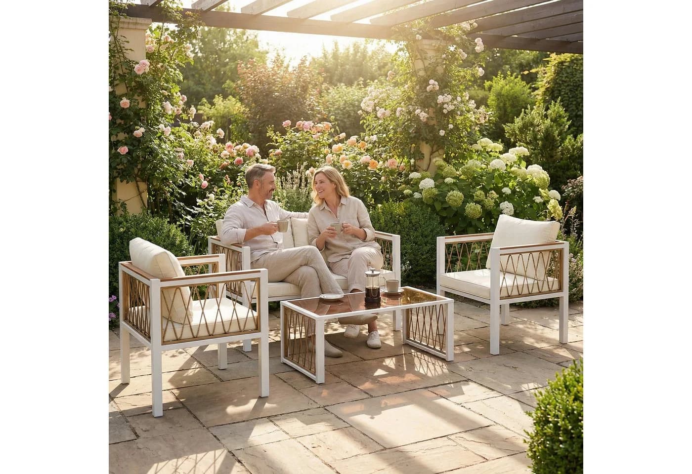 Outsunny Rattan Lounge Set 4-tlg. Cremeweiß mit Kissen - Bild 2