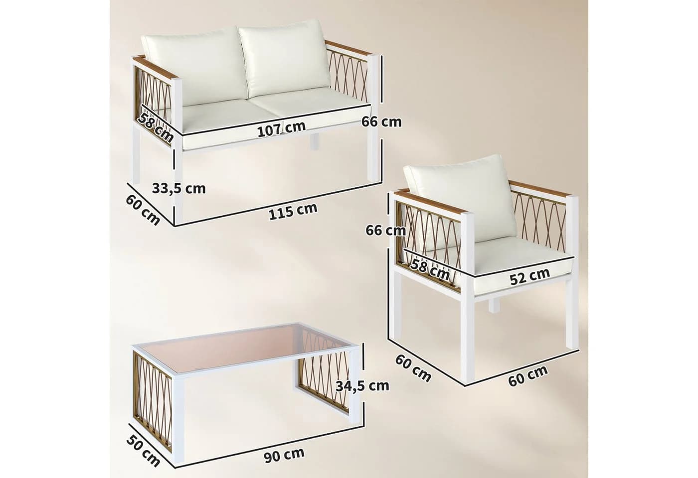 Outsunny Rattan Lounge Set 4-tlg. Cremeweiß mit Kissen - Bild 3