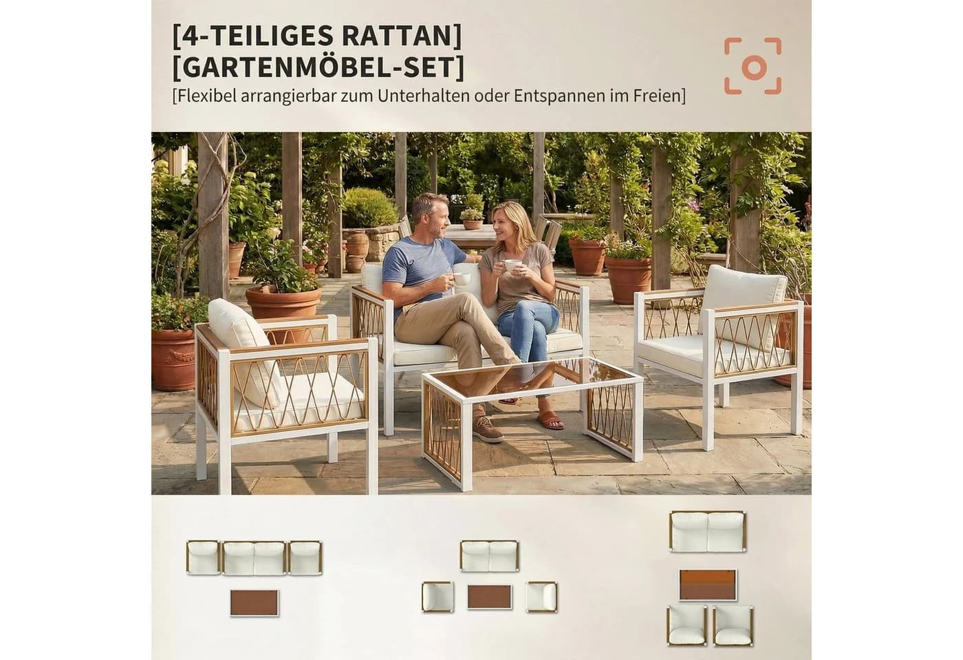 Outsunny Rattan Lounge Set 4-tlg. Cremeweiß mit Kissen - Bild 4