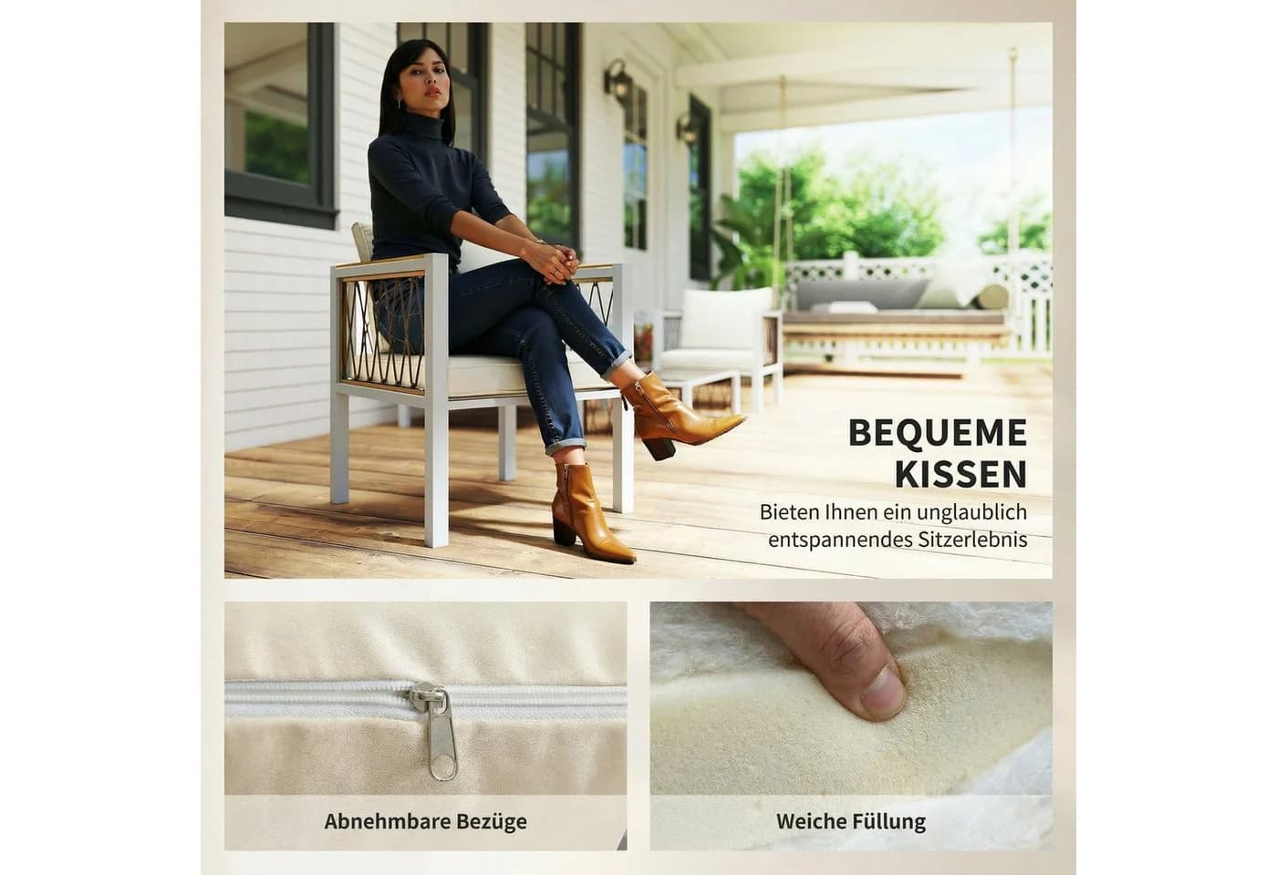 Outsunny Rattan Lounge Set 4-tlg. Cremeweiß mit Kissen - Bild 5