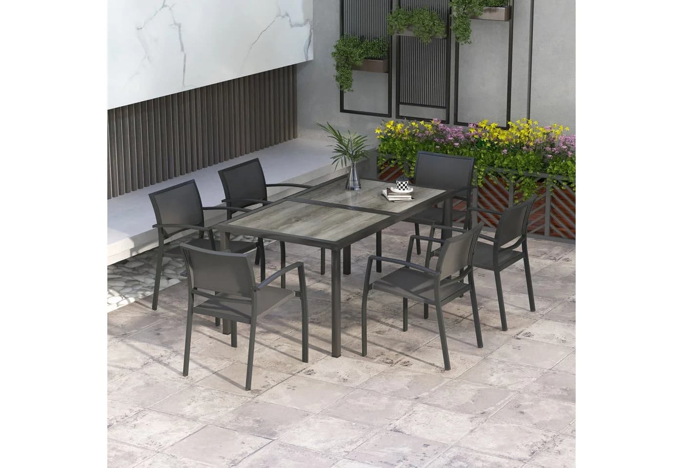 Outsunny Garten-Essgruppe 7-tlg. Grau Stahl Mesh Stapelbar - Bild 2