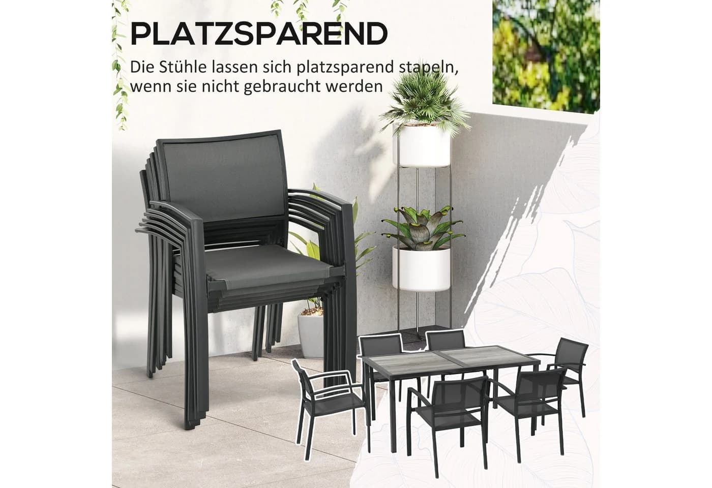 Outsunny Garten-Essgruppe 7-tlg. Grau Stahl Mesh Stapelbar - Bild 4