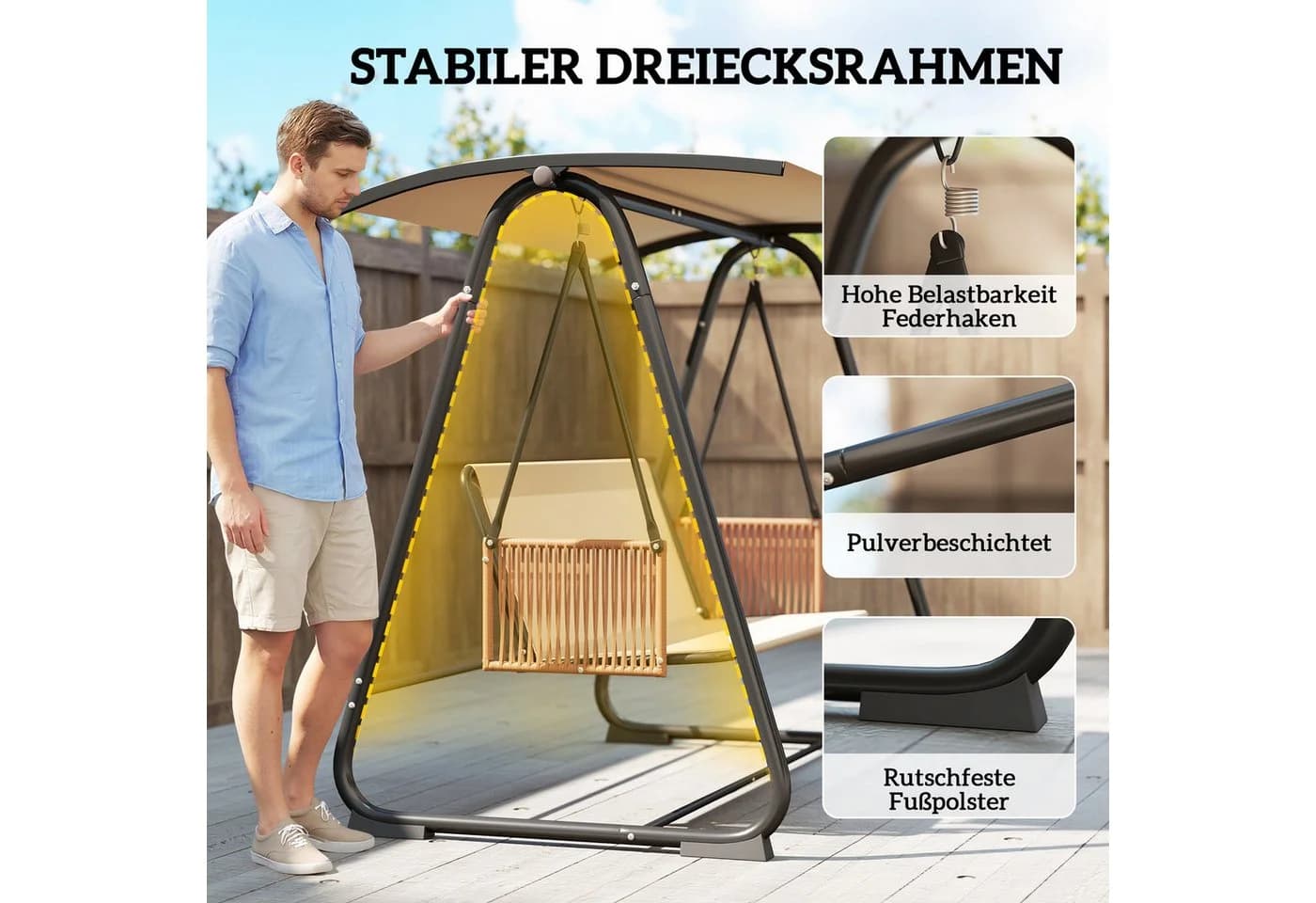 Outsunny Hollywoodschaukel 3-Sitzer mit Sonnendach Sand - Bild 5