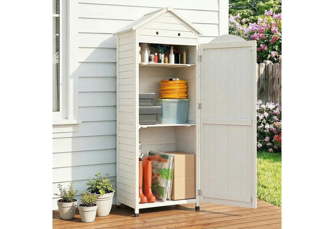 Outsunny Geräteschrank Weiß mit verstellbaren Regalen und Metall Dach - Bild 2