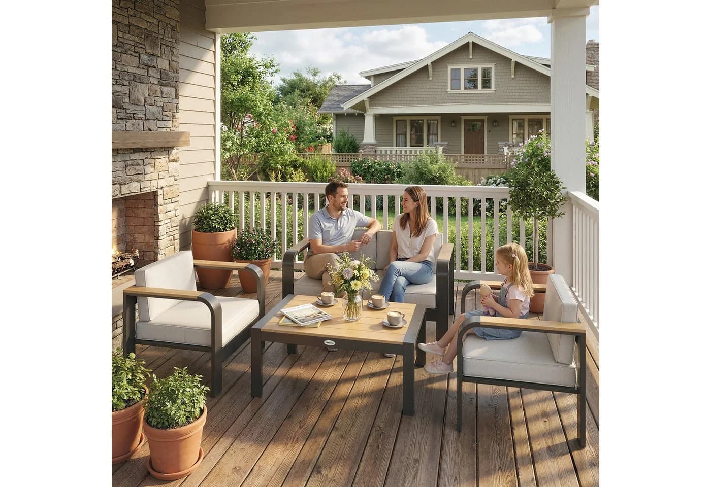Outsunny Gartenlounge 4-tlg. Beige mit Sofa, Sesseln & WPC Tisch - Bild 2