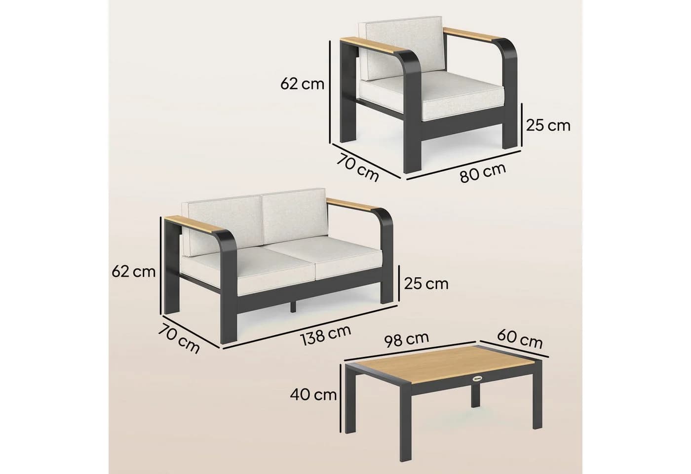 Outsunny Gartenlounge 4-tlg. Beige mit Sofa, Sesseln & WPC Tisch - Bild 3