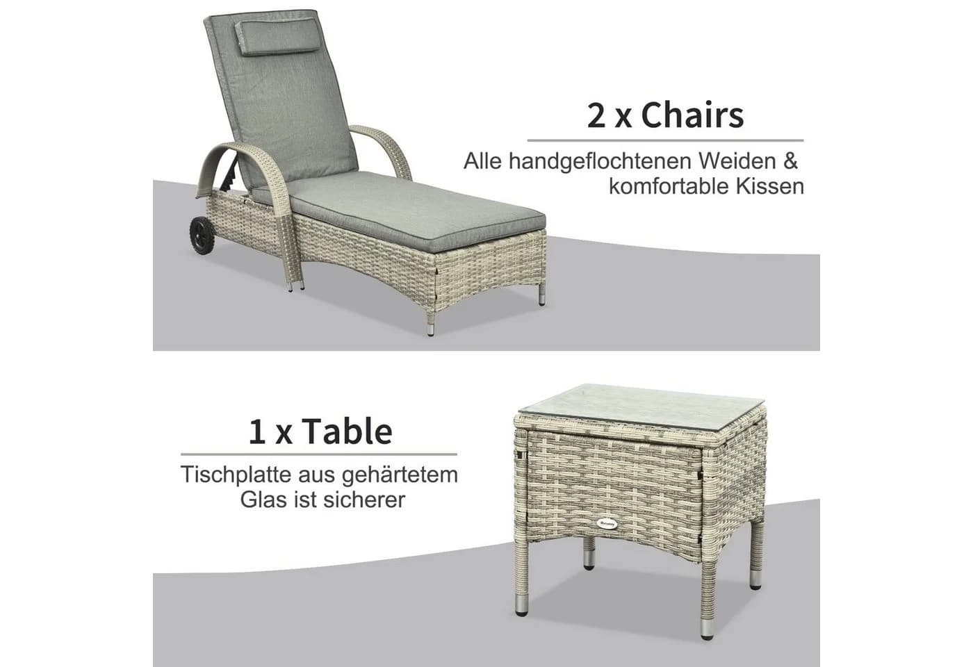 Outsunny Gartenlounge-Set 3-tlg. Grau mit Rollen & verstellbarer Lehne - Bild 5