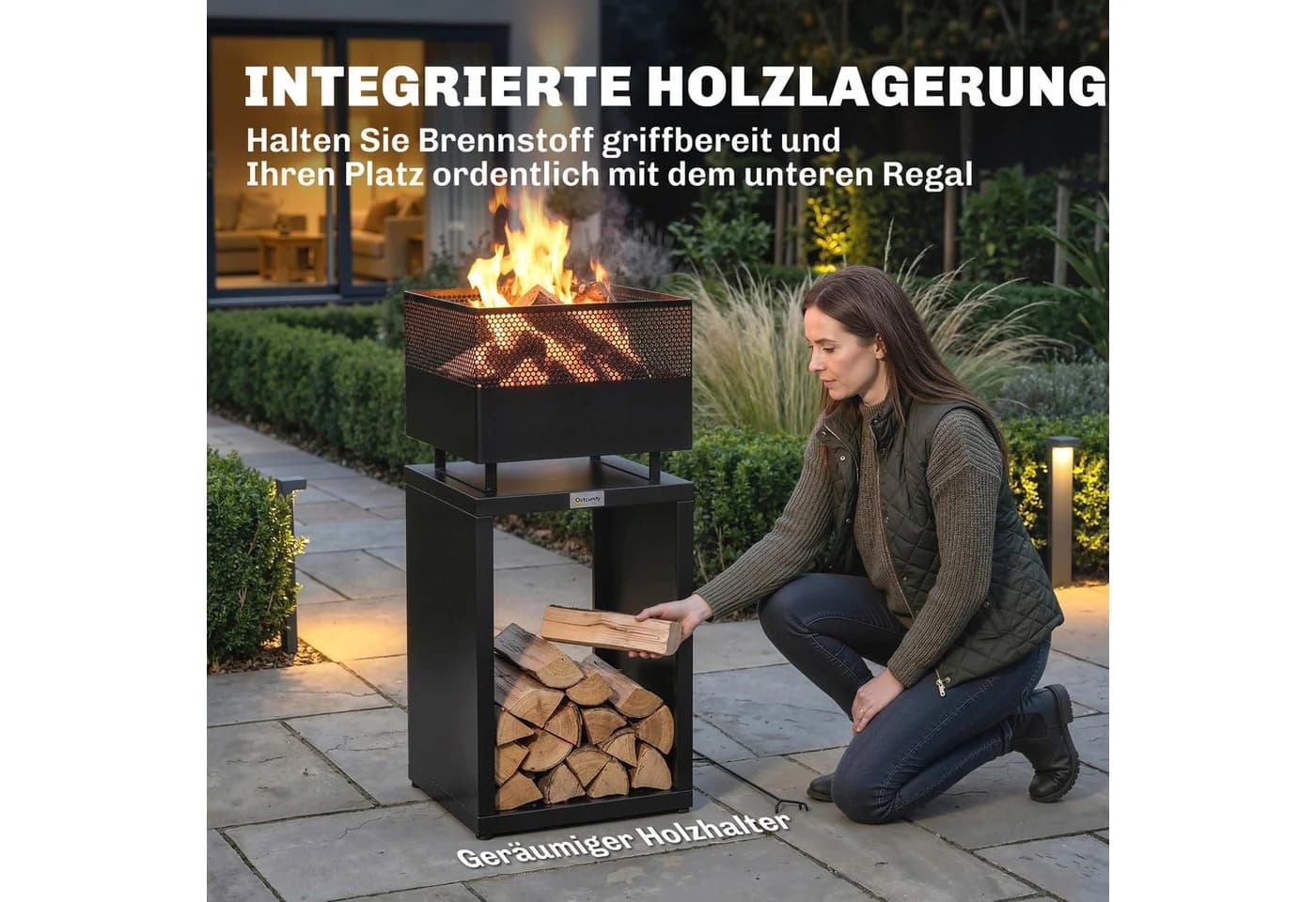 Outsunny Feuerschale Schwarz mit Holzlager und verstellbaren Füßen - Bild 5