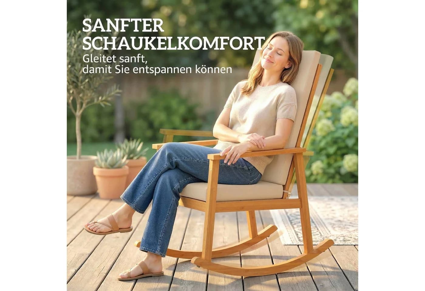 Outsunny Schaukelstuhl mit hoher Rückenlehne und Kissen Beige - Bild 4