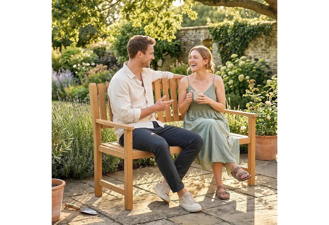 Outsunny Gartenbank Akazienholz mit Armlehnen Natur - Bild 2