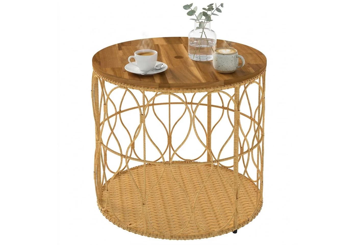 Outsunny Beistelltisch Rattanoptik Akazienholz Beige