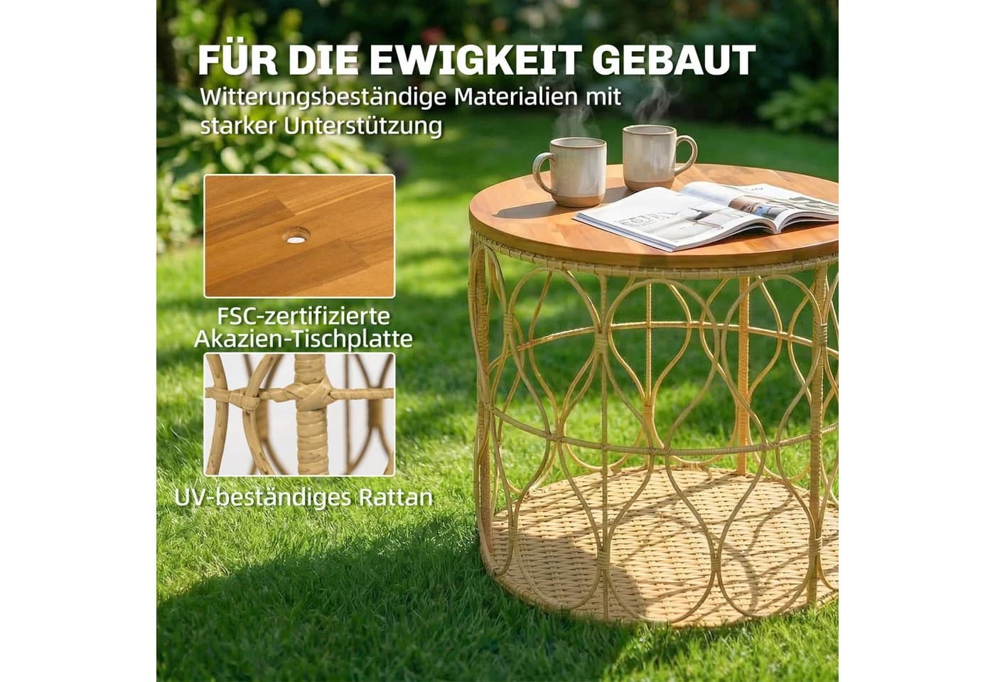 Outsunny Beistelltisch Rattanoptik Akazienholz Beige - Bild 4