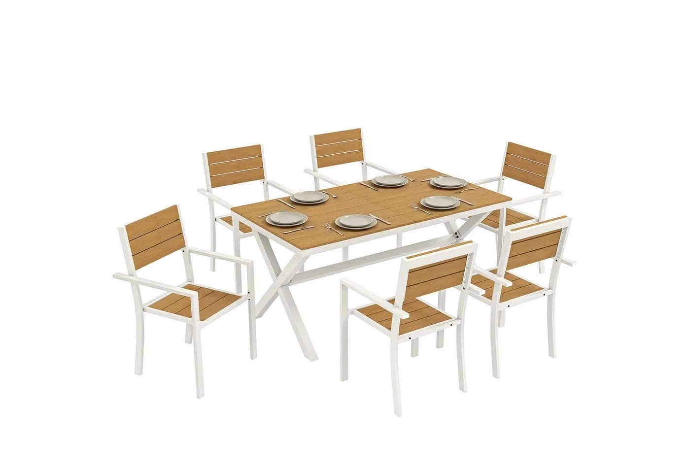Outsunny Garten-Essgruppe 7-tlg. Weiß/Teak Aluminium Kunstholz