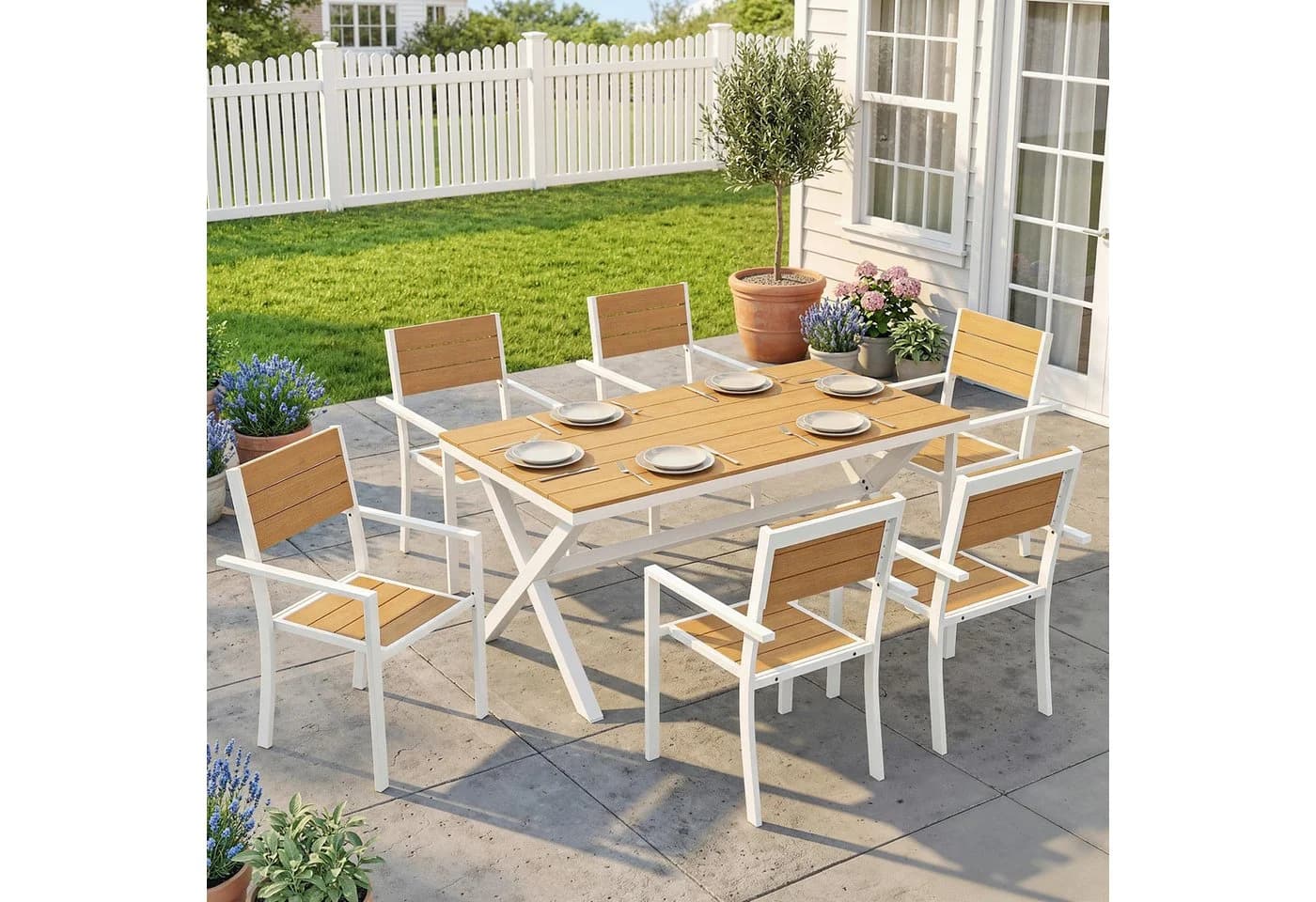 Outsunny Garten-Essgruppe 7-tlg. Weiß/Teak Aluminium Kunstholz - Bild 2