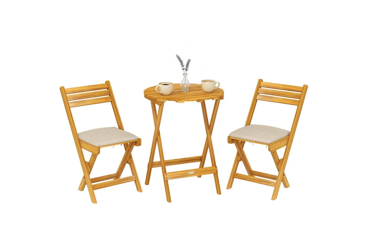 Outsunny Balkonset 3-tlg. mit Tisch & 2 Stühlen, Naturholz, Klappbar