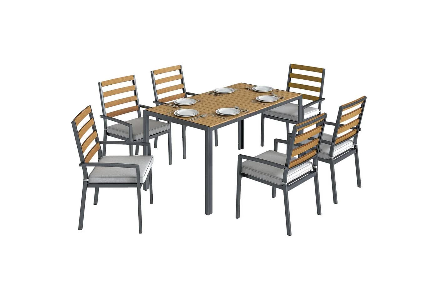 Outsunny Garten-Essgruppe 7-tlg. mit Tisch, 6 Stühlen & Kissen Grau/Natur