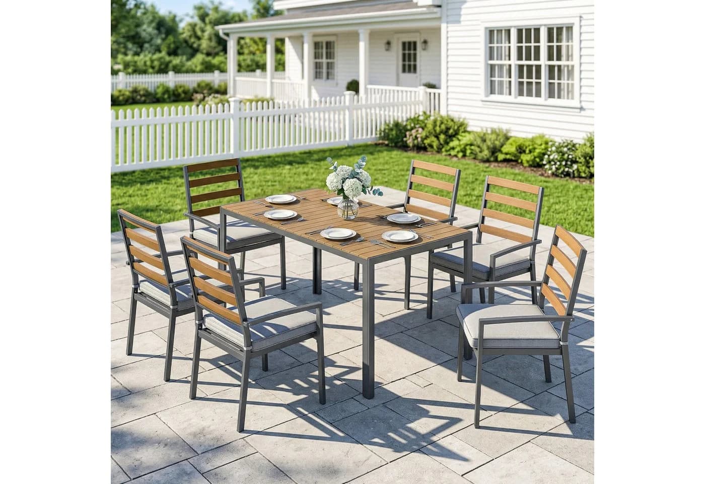 Outsunny Garten-Essgruppe 7-tlg. mit Tisch, 6 Stühlen & Kissen Grau/Natur - Bild 2