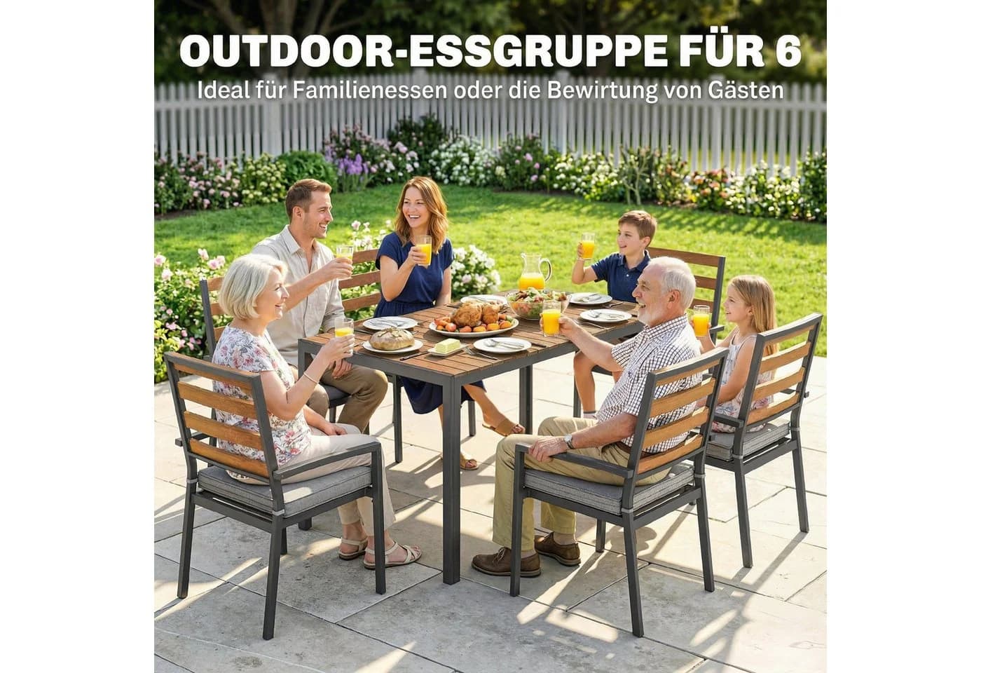 Outsunny Garten-Essgruppe 7-tlg. mit Tisch, 6 Stühlen & Kissen Grau/Natur - Bild 4