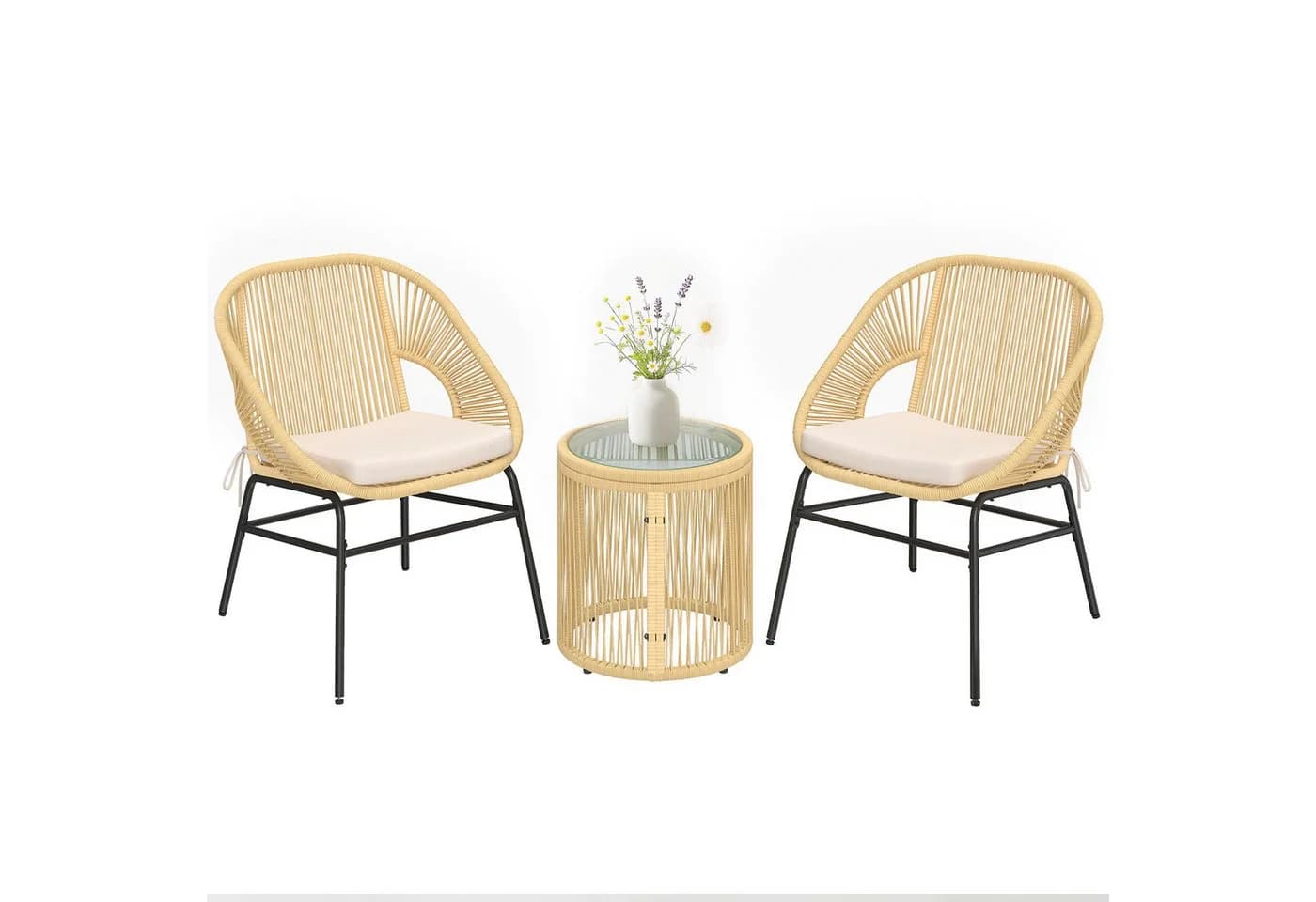 Outsunny Bistro-Set 3-tlg. Beige PE-Rattan mit Glastisch & Kissen