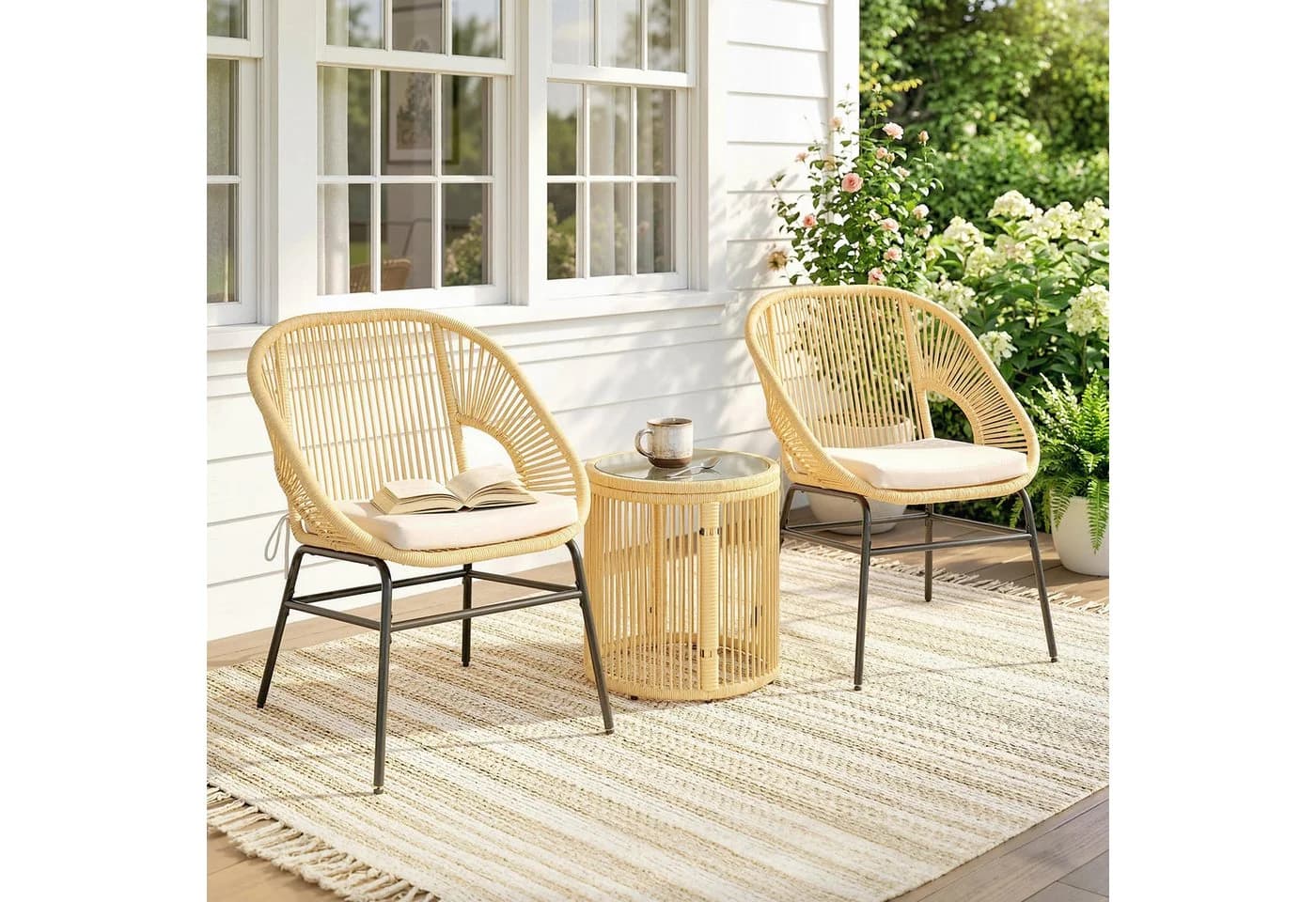 Outsunny Bistro-Set 3-tlg. Beige PE-Rattan mit Glastisch & Kissen - Bild 2
