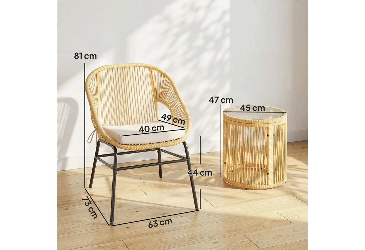 Outsunny Bistro-Set 3-tlg. Beige PE-Rattan mit Glastisch & Kissen - Bild 3