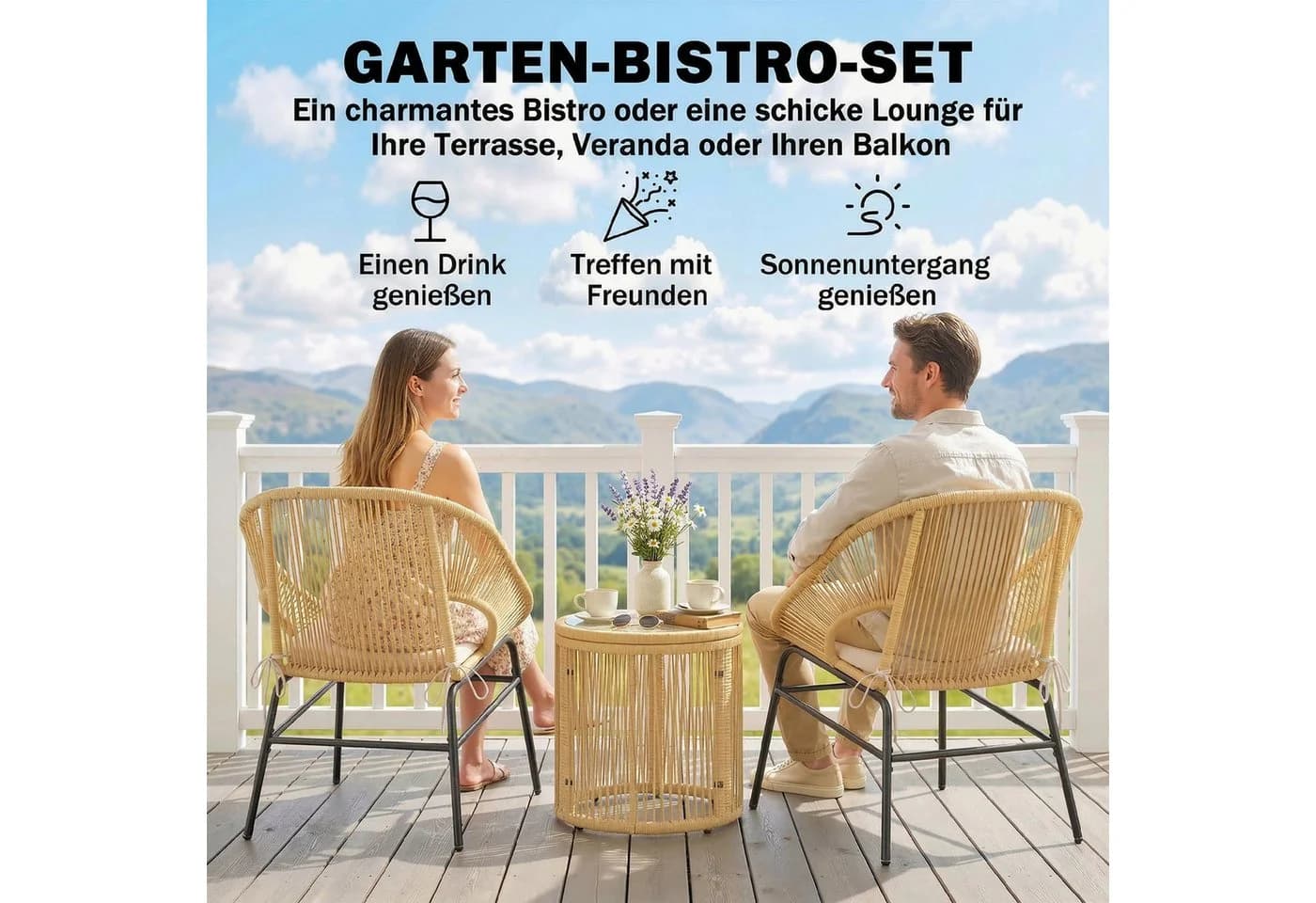 Outsunny Bistro-Set 3-tlg. Beige PE-Rattan mit Glastisch & Kissen - Bild 4