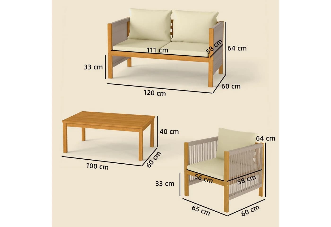 Outsunny Gartenlounge-Set 4-tlg. Beige Akazienholz mit Kissen - Bild 3