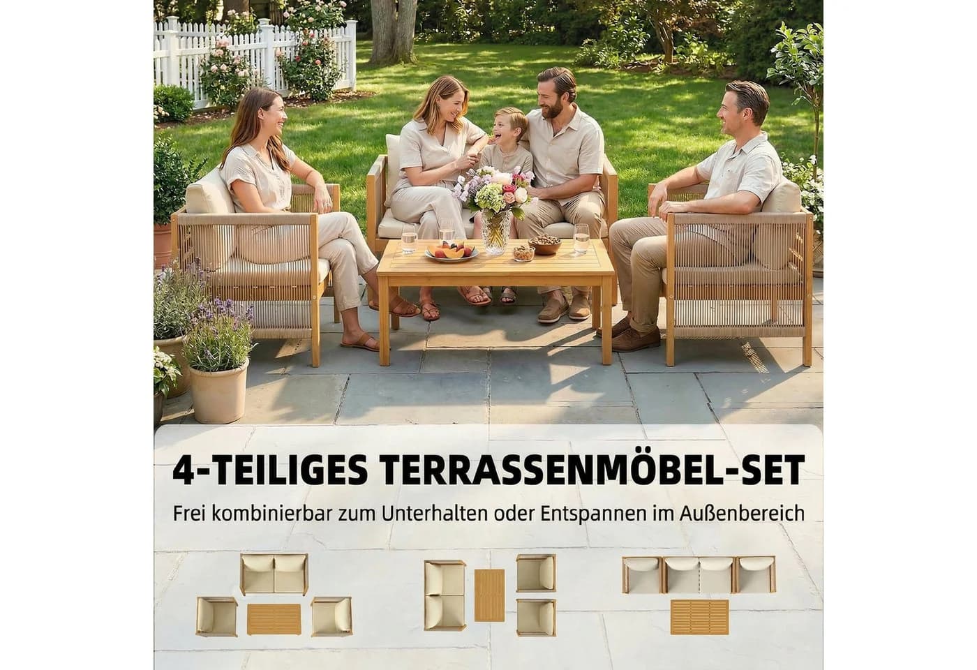 Outsunny Gartenlounge-Set 4-tlg. Beige Akazienholz mit Kissen - Bild 4