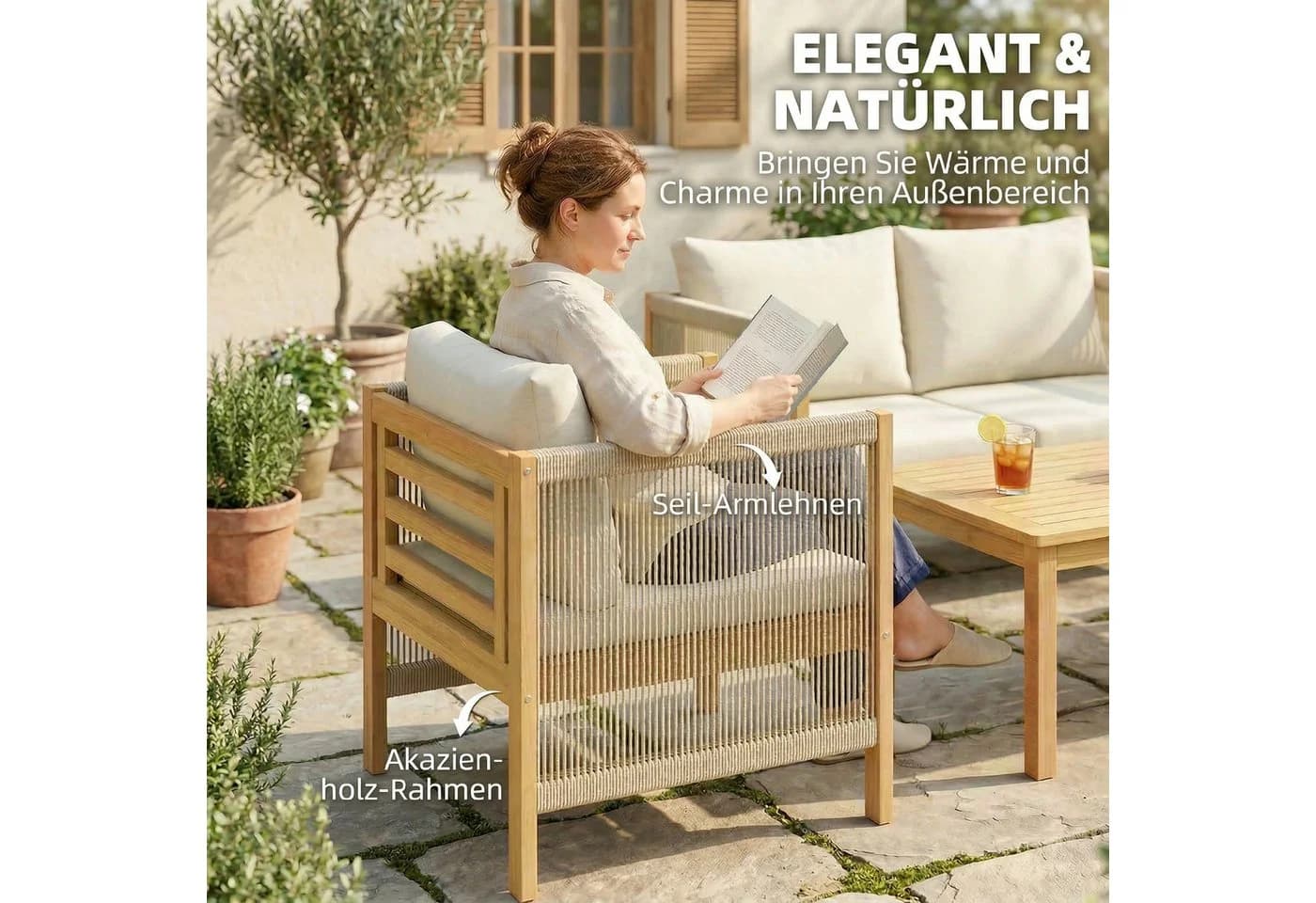 Outsunny Gartenlounge-Set 4-tlg. Beige Akazienholz mit Kissen - Bild 5