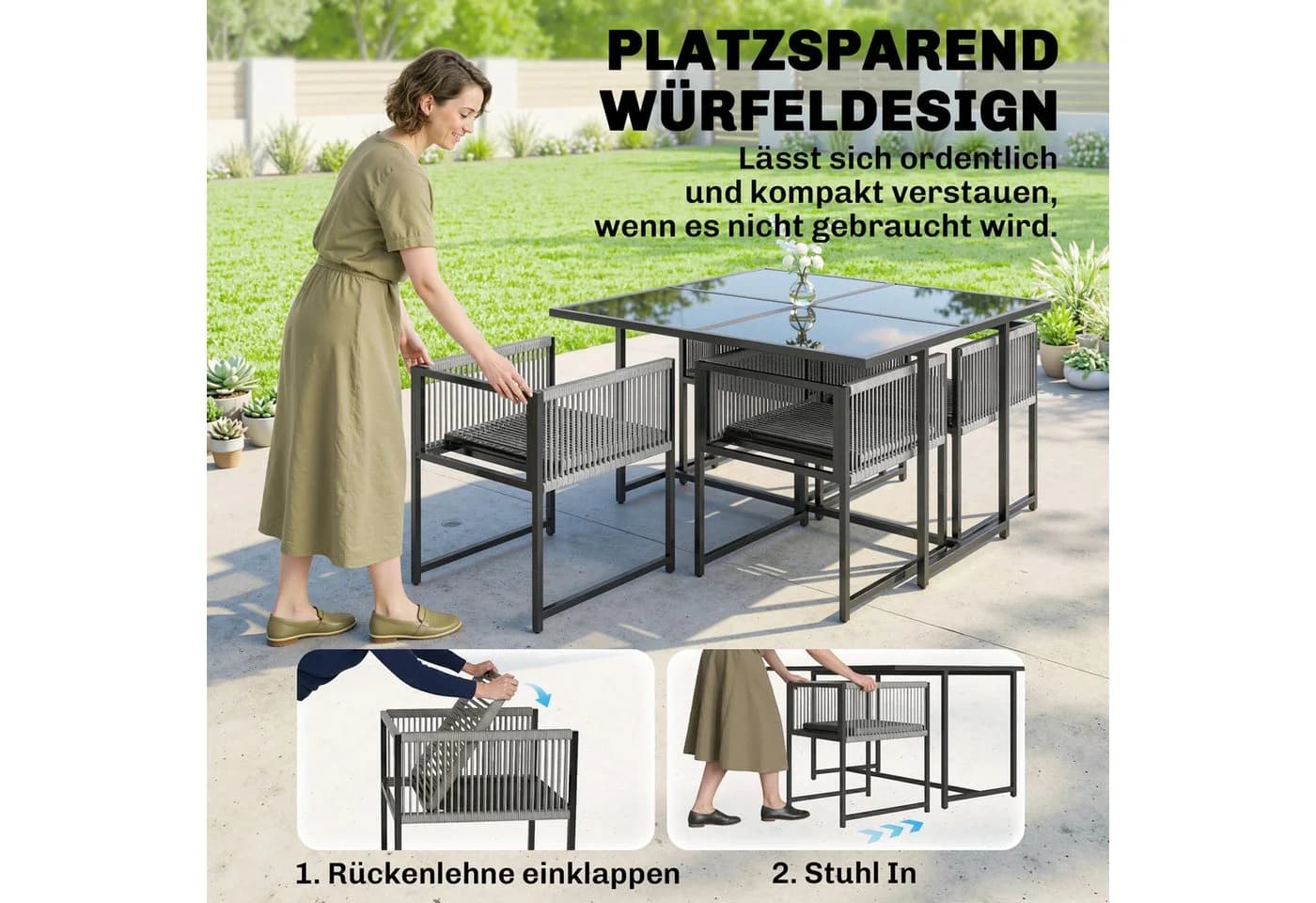 Outsunny Garten-Essgruppe 5-tlg. mit klappbaren Stühlen Hellgrau - Bild 4