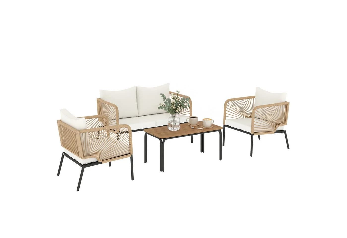 Outsunny Gartenmöbel-Set 4-tlg. Weiß PE-Rattan mit WPC-Tisch