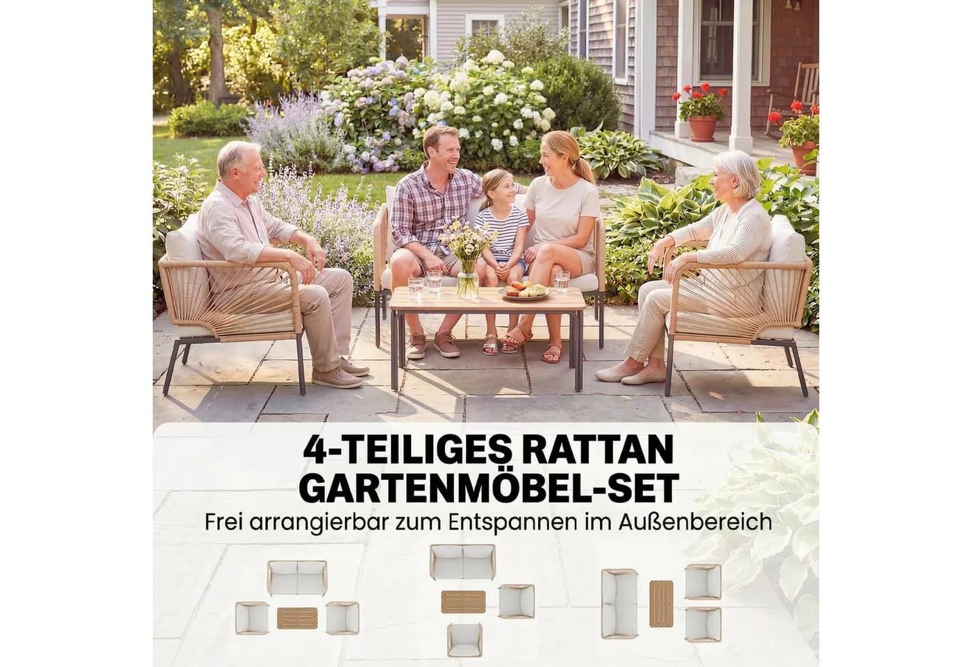 Outsunny Gartenmöbel-Set 4-tlg. Weiß PE-Rattan mit WPC-Tisch - Bild 4