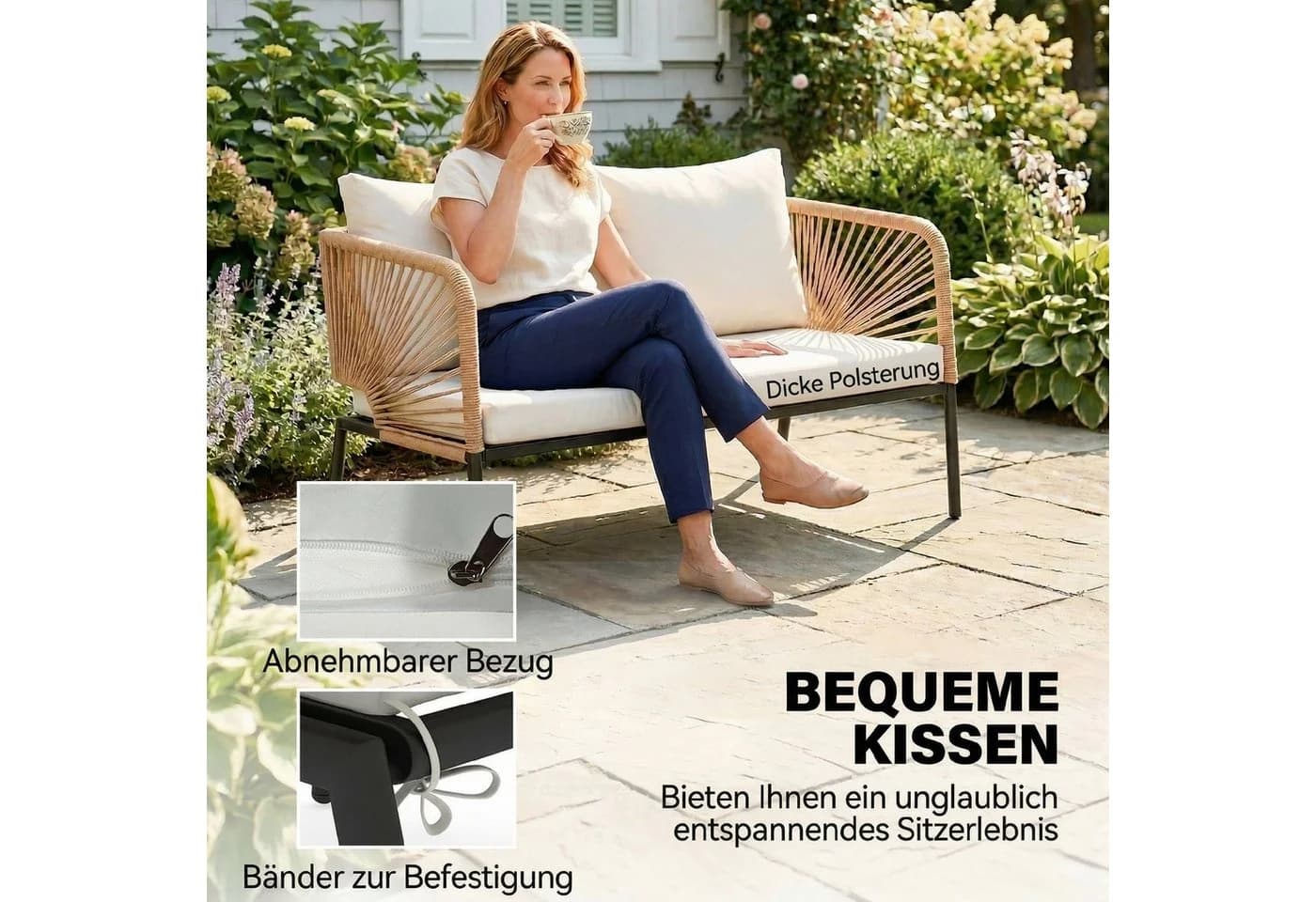 Outsunny Gartenmöbel-Set 4-tlg. Weiß PE-Rattan mit WPC-Tisch - Bild 5