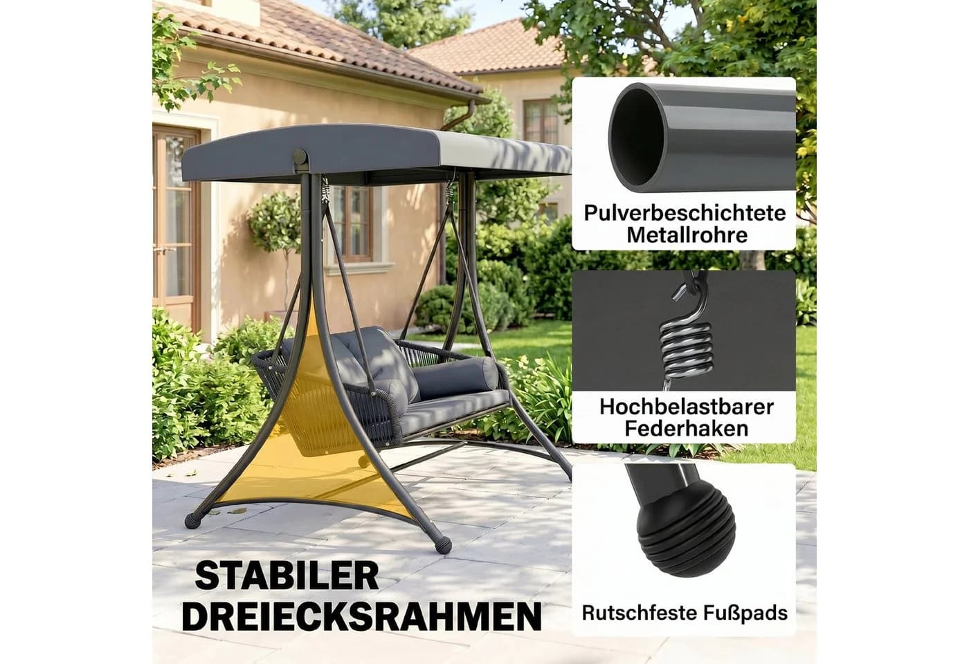 Outsunny Hollywoodschaukel 2-Sitzer mit Sonnendach grau - Bild 5
