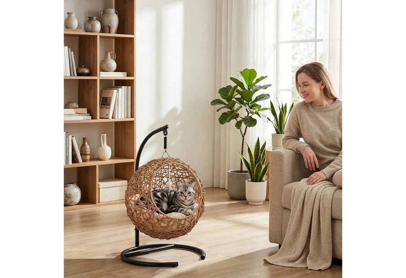PawHut Katzenhaus Rattan mit Kissen und Spielball - Bild 2