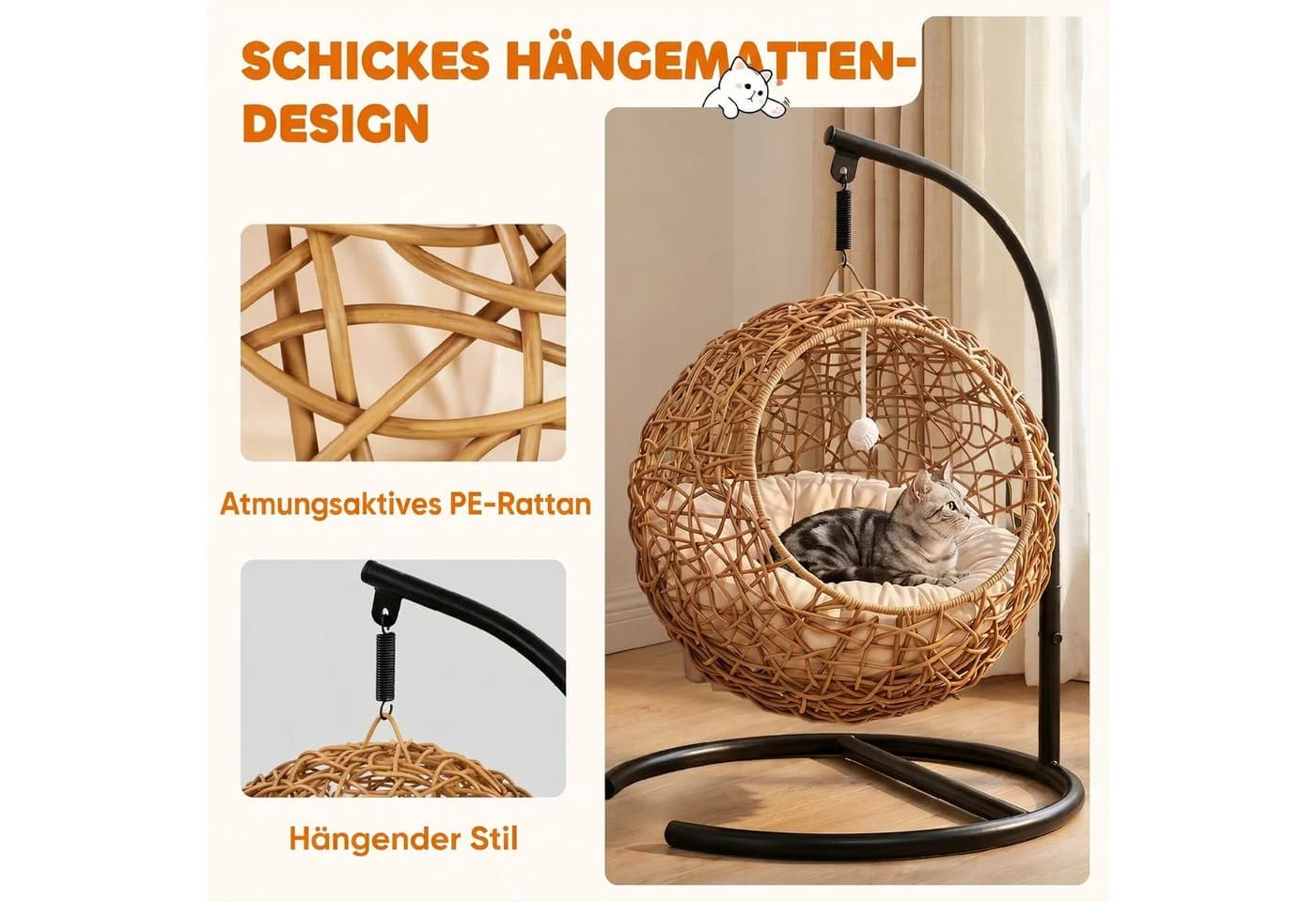 PawHut Katzenhaus Rattan mit Kissen und Spielball - Bild 4