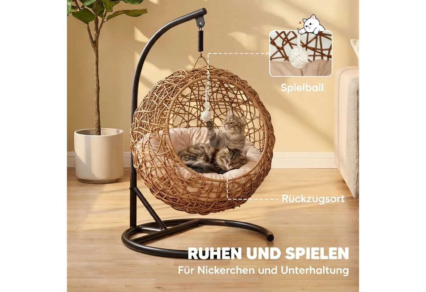PawHut Katzenhaus Rattan mit Kissen und Spielball - Bild 5