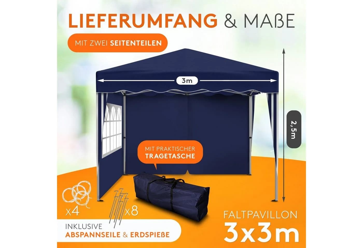 Kronenburg Faltpavillon 3x3 m Blau Wasserdicht mit Seitenteilen