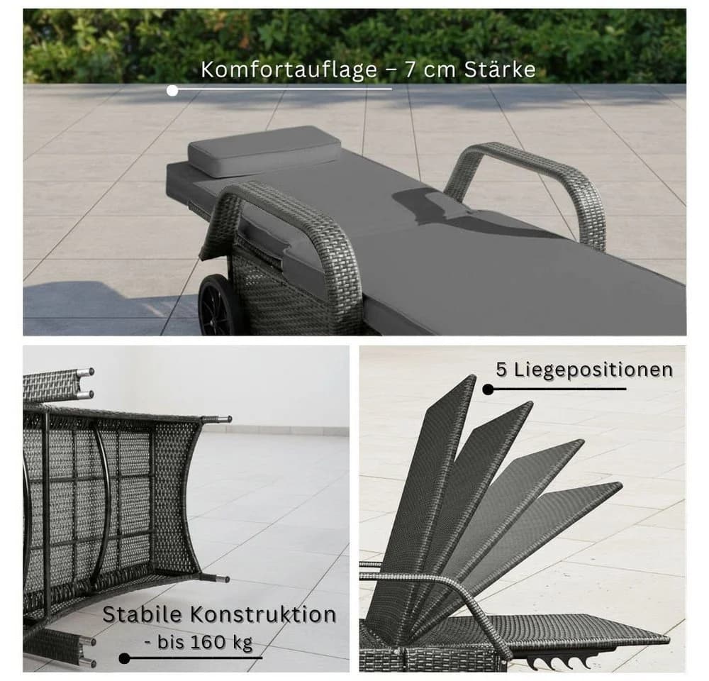 RS Trade Gartenliege Toscana Silber/Grau Poly Rattan - Bild 5