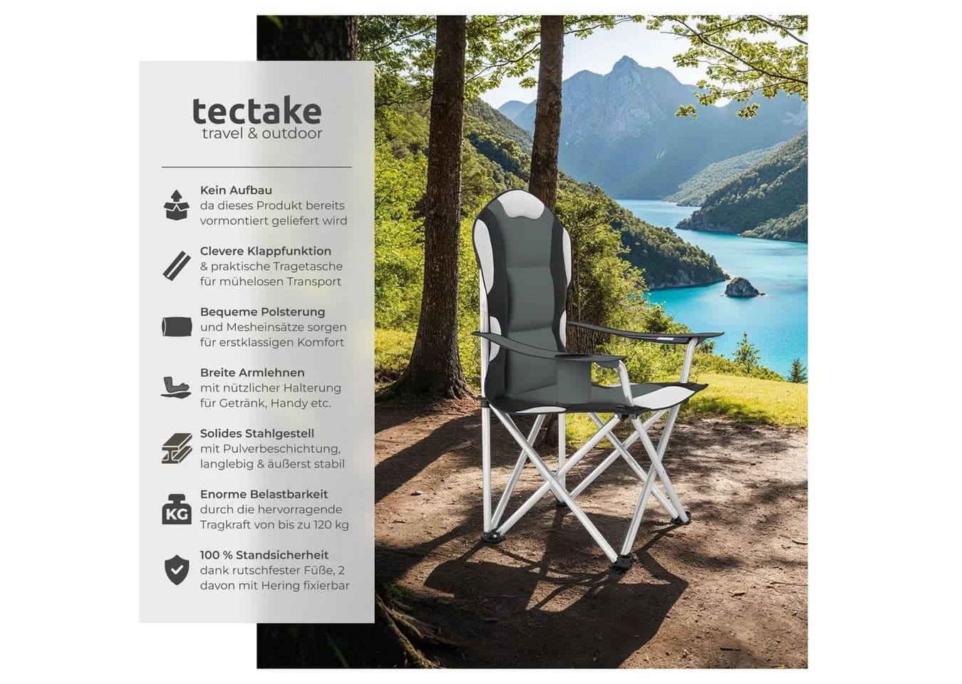 tectake Campingstuhl Grau Gepolstert mit Getränkehalter und Tragetasche
