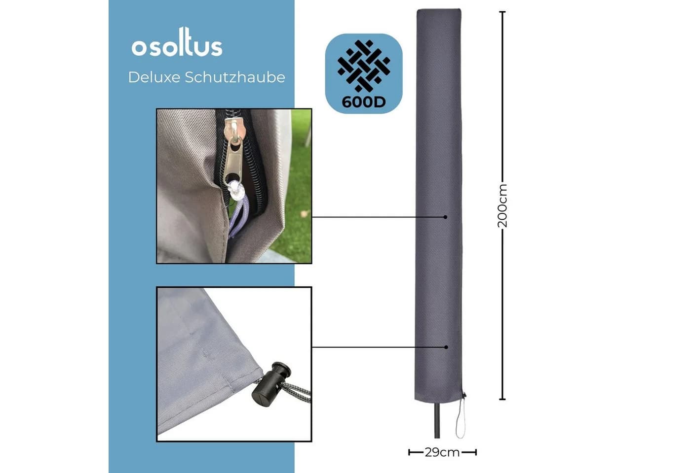 osoltus Sonnenschirm Schutzhülle Grau 200 cm Comfort 600D - Bild 3