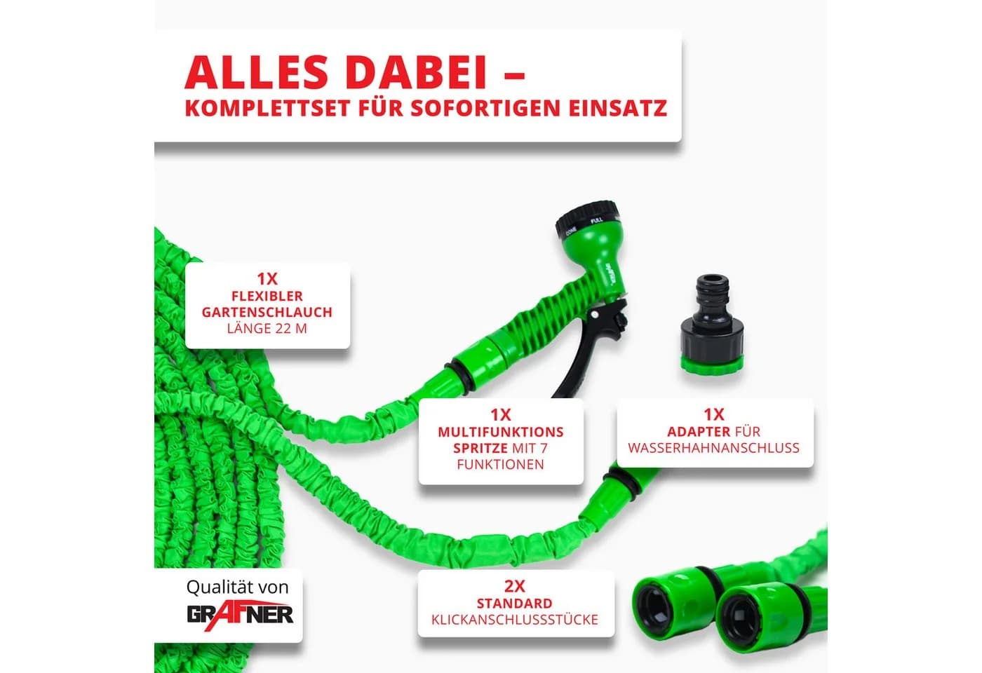 Grafner Flexibler Gartenschlauch Grün Dehnbar mit Multifunktionsbrause